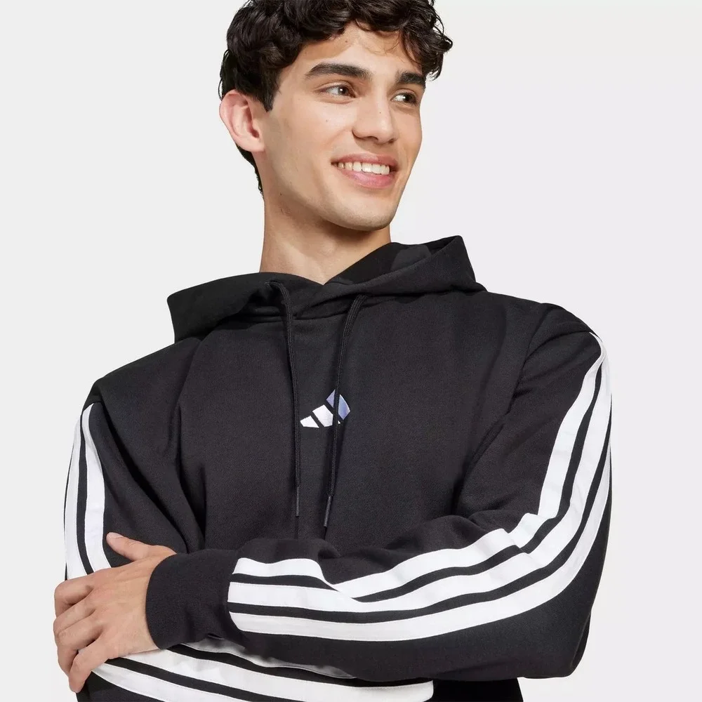 Adidas Essentials 3-Stripes Fleece Pullover Hoodie Mens Large Black White NEW